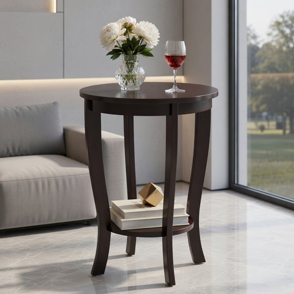 Resenkos 2-tier Round End Table with Solid Wood Legs-Espresso, Nightstand Small Side Table, End Table for Bedroom Living Room