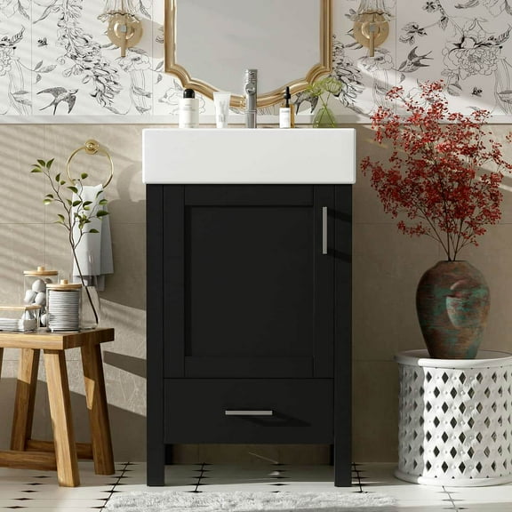 Resenkos 20.28'' Modern Bathroom Vanity: Ceramic Sink, Solid Wood Frame, Drawer - Small Bathrooms, Black