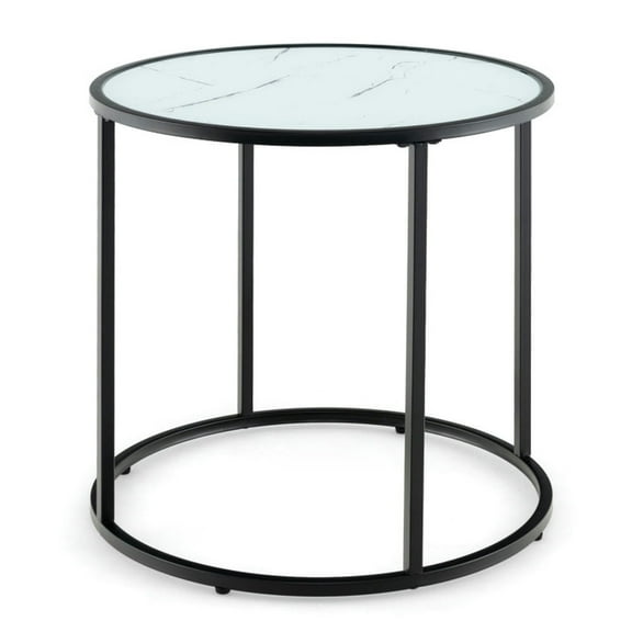 Resenkos 20 Inch Glass End Table with Metal Frame and Faux Marble Glass Top-Black and White, Modern Coffee Table for Living Room Office Reception