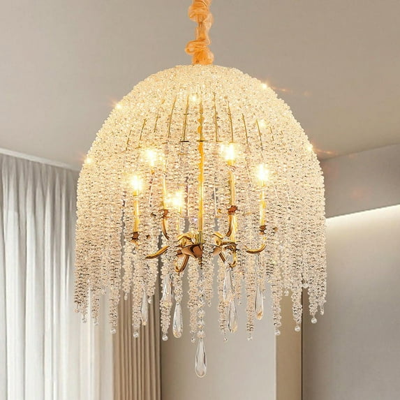 Resenkos 20-Inch Wide 6-Light Crystal Pendant Light Fixture, Cascading Waterfall Design with Crystal Beads for Dining Room or Entryway, Gold