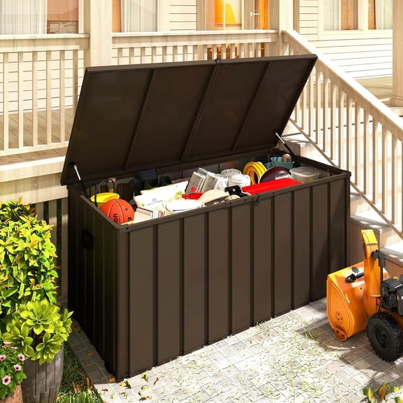 Resenkos 200 Gallon Steel Waterproof Outdoor Storage Box, Lockable Patio Deck Box for Pool Supplies and Backyard Tools, Brown