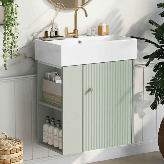 Resenkos 21.6" Modern Floating Bathroom Vanity with Ceramic Basin, Left Side Storage, Perfect for Small Bathrooms - Green