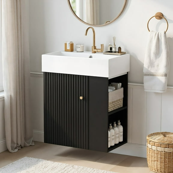Resenkos 21.6" Modern Floating Bathroom Vanity with Ceramic Basin, Right Side Storage, Perfect for Small Bathrooms - Black