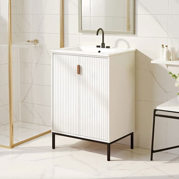 Resenkos 24 Inch Bathroom Vanity with Sink Combo, Freestanding Organizer with Adjustable Shelf and Ceramic Sink Overflow Protection, Vanity Cabinet for Small Bathroom, White
