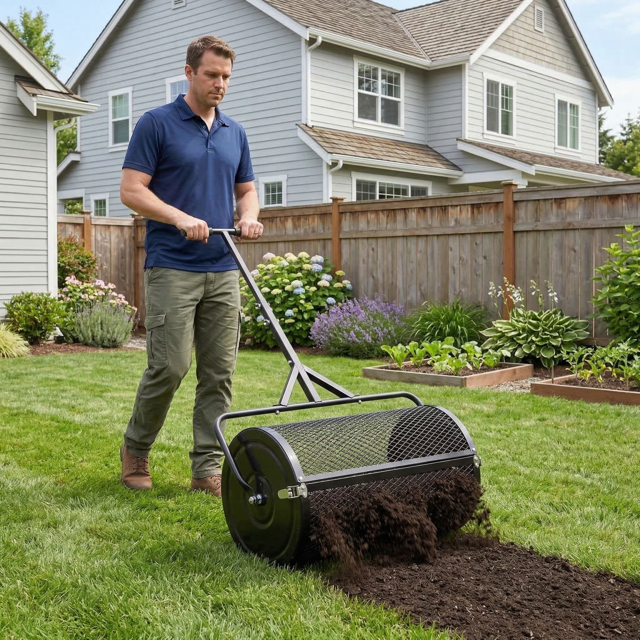 Resenkos 24 Inch Compost Spreader Roller with Adjustable T Shaped Handle, 2.7 Cu.Ft Lawn Topdressing Peat Moss Spreader for Garden and Yard, Black
