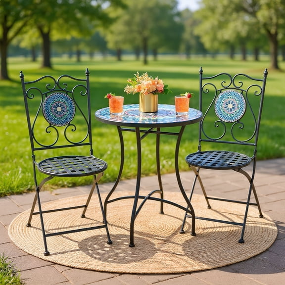 Resenkos 24 Inch Patio Bistro Table with Ceramic Tile Tabletop-A, Slatted Outdoor Coffee Table for Outside Patio Storage