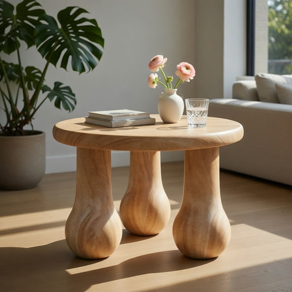 Resenkos 24 Inch Small Solid Mahogany Wood Coffee Table, Round Accent Table with Thickened Top for Patio Living Room, Natural