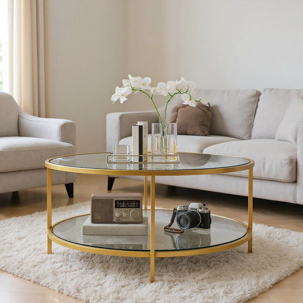 Resenkos 26" Round Side Table, 2-Tier Tempered Glass, Steel Frame, Gold