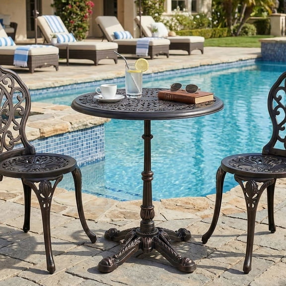 Resenkos 27 Inch Circular Cast Aluminum Bistro Table, Engraved Hollow Tabletop with Anti-Rust Frame for Balcony, Garden, Meetups, Copper