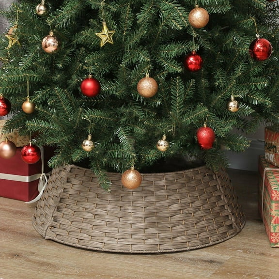Resenkos 27-Inch Rustic Christmas Tree Skirt, Plastic Woven Tree Collar for Party/Holiday/Home Decoration, Coffee