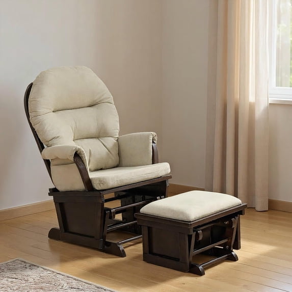 Resenkos 27" W x 31.5" D x 40.5" H Nursery Glider Rocking Chair with Ottoman, Thick Padded Cushion Seating and Wood Base, Bedroom, Cream White