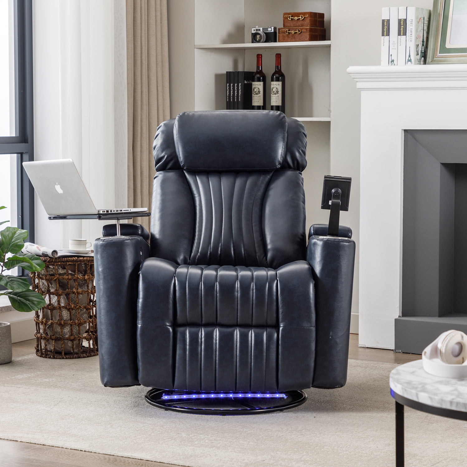 Resenkos 270° Power Swivel Recliner, Home Theater Seating with Hidden Arm Storage and LED Light Strip, Cup Holder, Blue