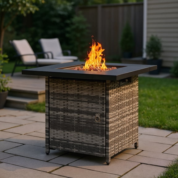 Resenkos 28-Inch Fire Table,50000 BTU Gas Firepit with Volcanic Stone, Stainless Steel, Alloy Steel, Wicker, Gray