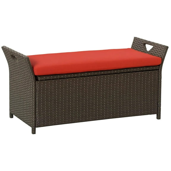 Resenkos 29 Gallon Wicker Bench, Outdoor PE Rattan Storage Box, 2-in-1 Large Rectangular Garden Seat, Red Handles & Cushion, Easy Patio Organization,Red