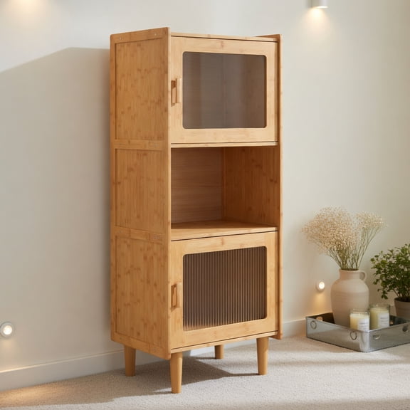 Resenkos 3-Cube Bamboo Storage Cabinet with Open Compartment and 2 Acrylic Doors-Natural