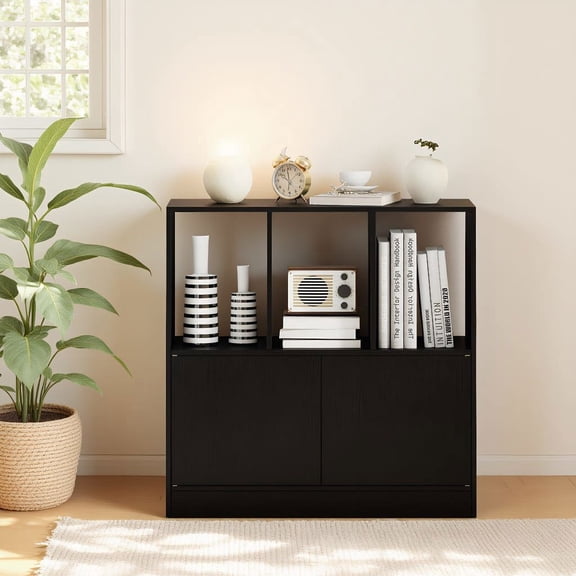 Resenkos 3-Cube Bookcase with Doors, 3-Tier Cubic Bookshelf with Open Compartments and Cabinet for Home, Office, Black