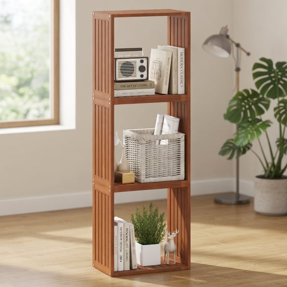 Resenkos 3-Cube Solid Wood Bookcase - Stacking Storage Organizer, Open Slatted Design, Teak