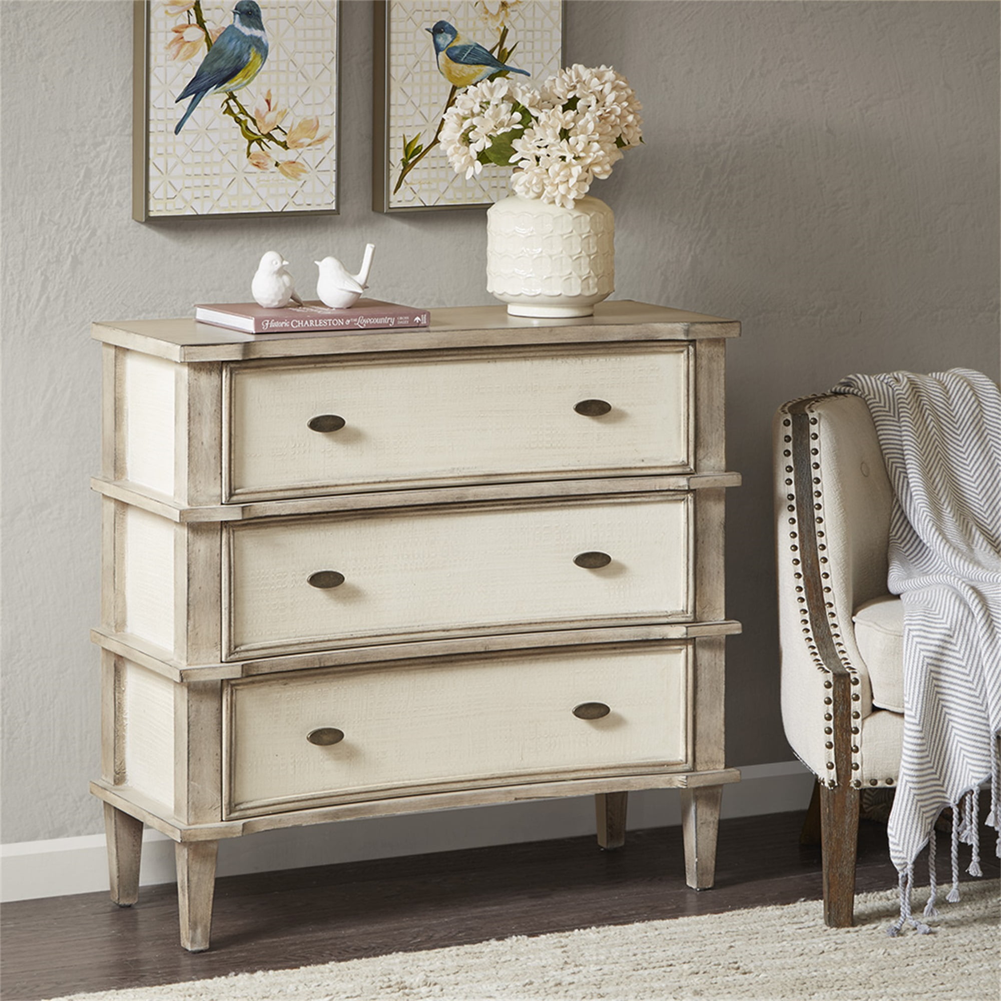 Resenkos 3 Drawer Nursery Dresser for Bedroom, Modern Chest Organizer with Antique Cream Drawer Finish