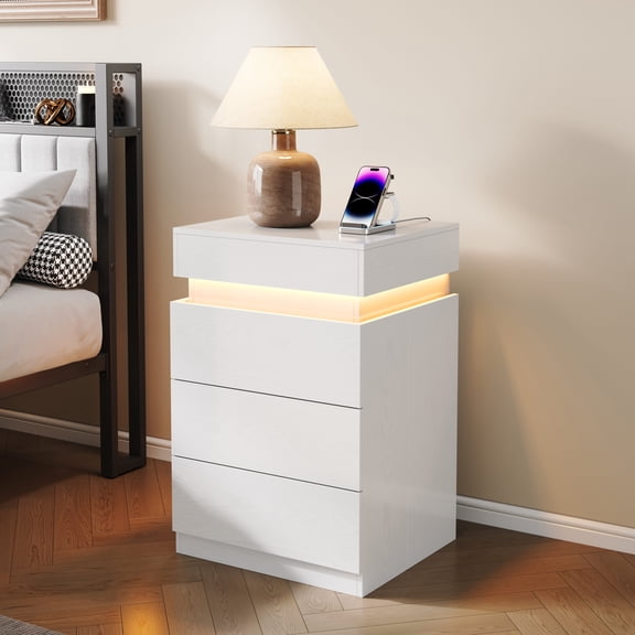 Resenkos 3-Drawer Sliding Top Nightstand with Charging Station and App Controlled LED Lights, Compact Wooden Side Table for Small Spaces, White