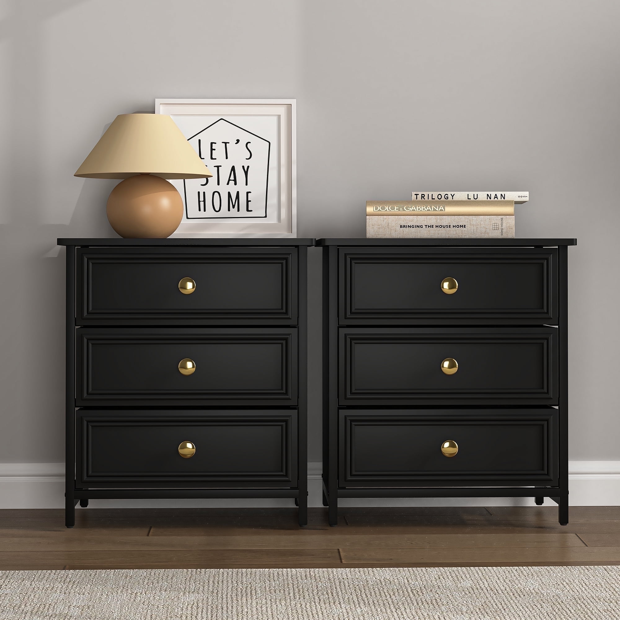 Resenkos 3-Drawer Wood Rectangle Nightstand Set of 2 Bedside Table Living Room Small Dresser, 20" Tall, Black Resenkos 3-Drawer Wood Rectangle Nightstand Set of 2 Bedside Table Living Room Small Dresser, 20" Tall, Black