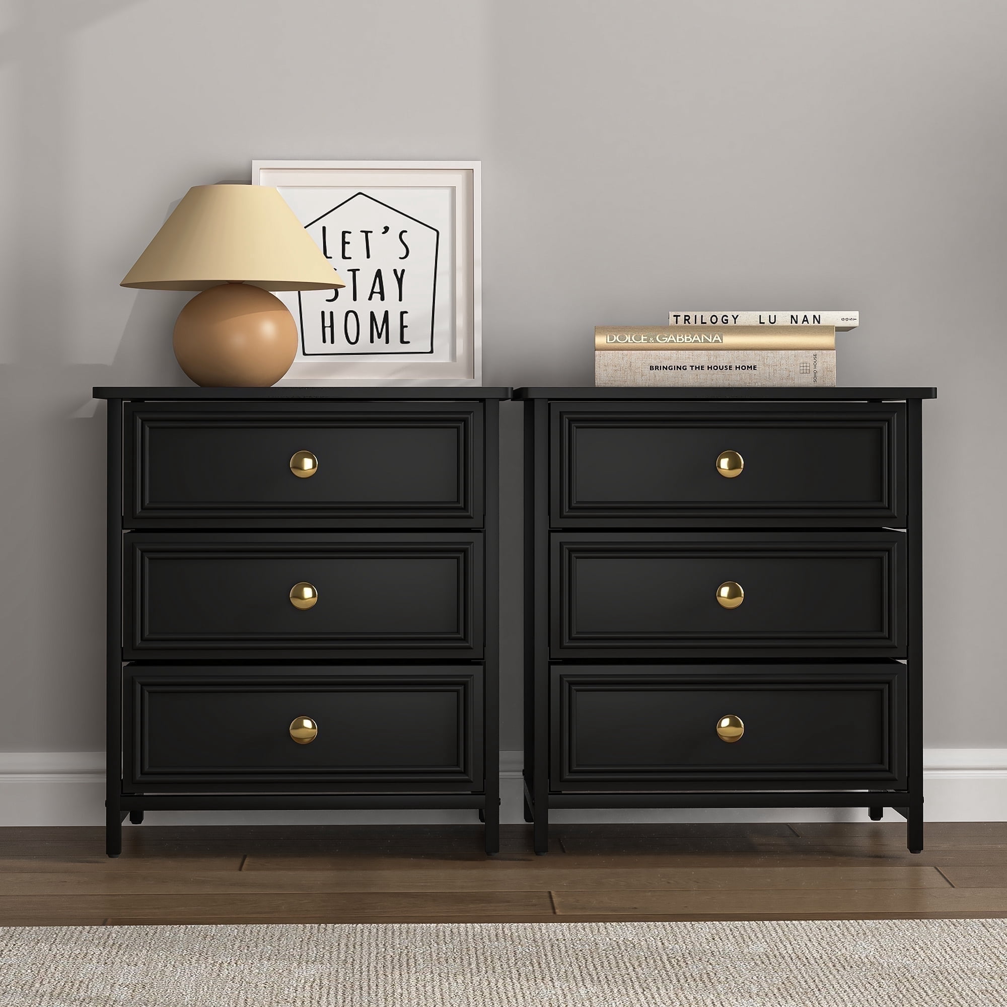 Resenkos 3-Drawer Wood Rectangle Nightstand Set of 2 Bedside Table Living Room Small Dresser, 20" Tall, Black - Walmart.com