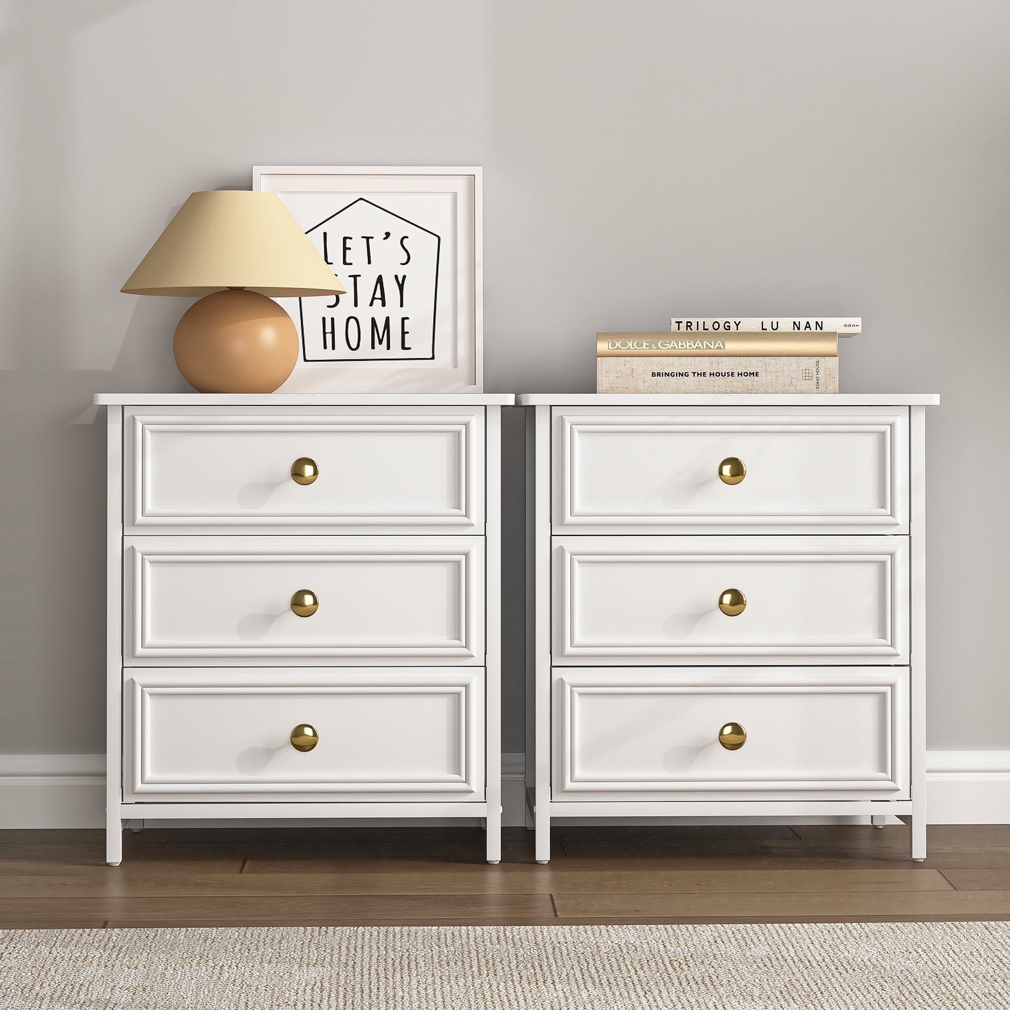 Modern White Resenkos 2-Drawer Wood Nightstand Set, Bedroom Side