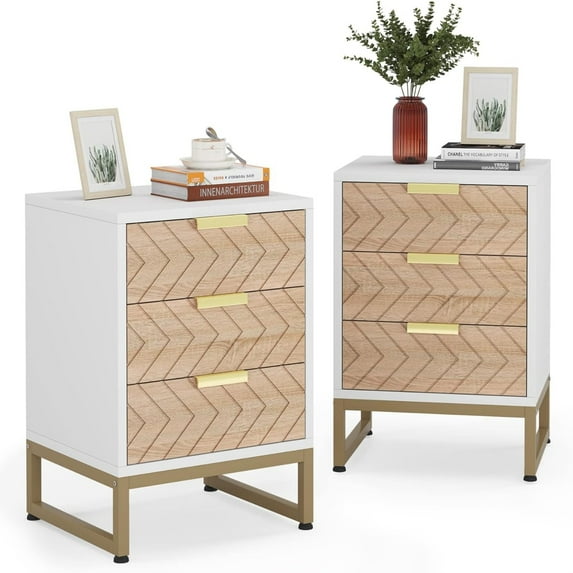 Resenkos 3 Drawers Nightstand, Bedside Table with Unique Zig Zag Design, Modern Side End Table for Bedroom Living Room, White and Gold