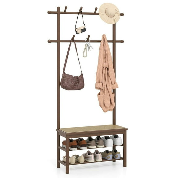 Resenkos 3-In-1 Bamboo Hall Tree - Coat Rack with PE Rattan Bench & Shoe Storage, Brown