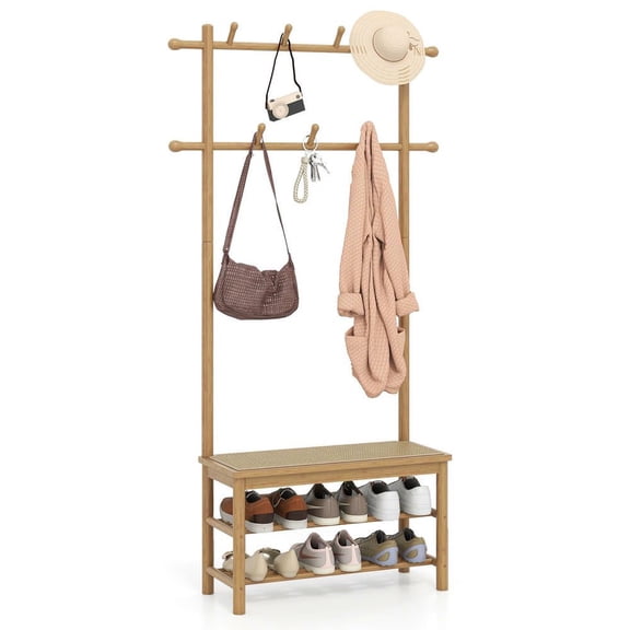 Resenkos 3-In-1 Bamboo Hall Tree - Coat Rack with PE Rattan Bench & Shoe Storage, Natural