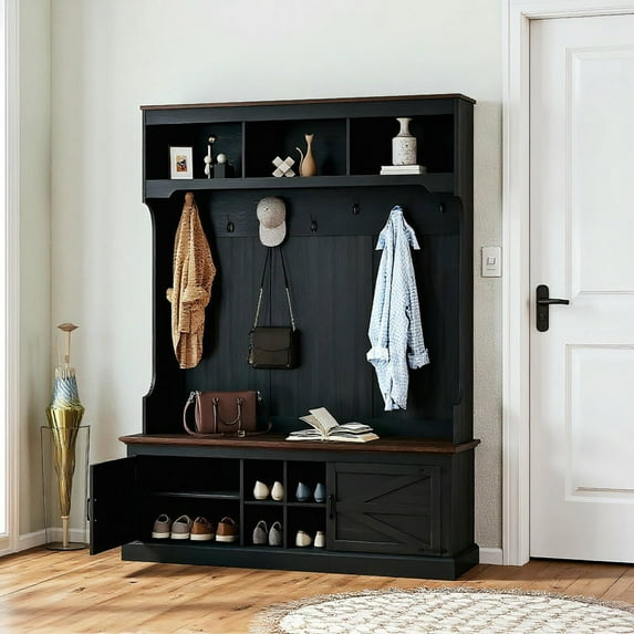 Resenkos 3-In-1 Hall Tree - Shoe Storage, Coat Rack & Bench, Entryway Furniture with Hooks, Black Wood Grain