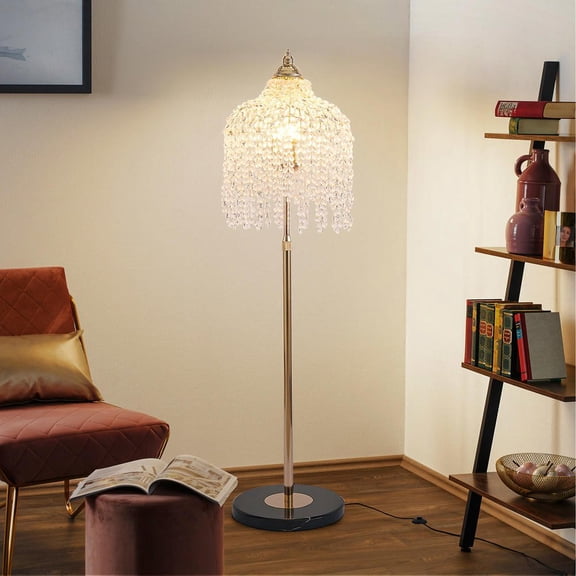 Resenkos 3-Light Elegant Crystal Floor Lamp with Grape-Shaped Bead Accents, Vintage Waterfall Arc Design for Living Room Decor, Gold