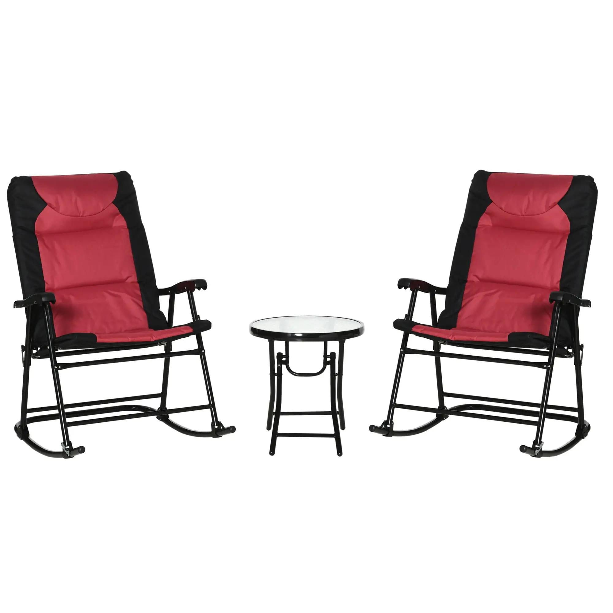 Resenkos 3-Pc Bistro Style Patio Set, Glass Table & 2 Padded Rocking Chairs, Porch, Camping, Balcony, Weatherproof Outdoor Seating,Red