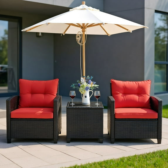 Resenkos 3 Pcs Patio Rattan Furniture Set , Wicker Furniture Sets, Patio Conversation Sets, Cushioned Conversation Set Coffee Table-Beige