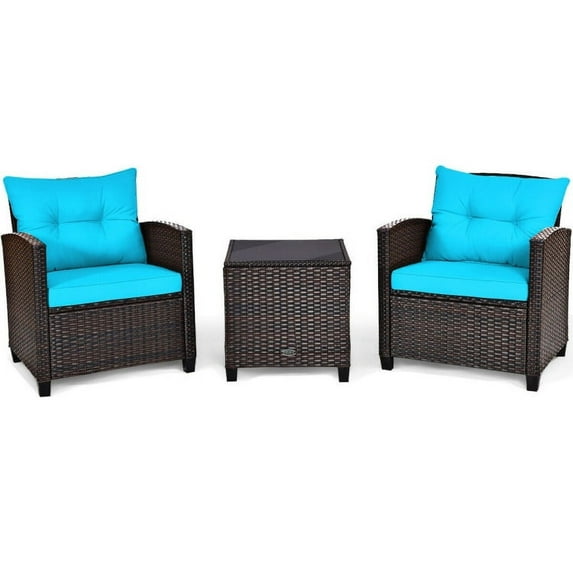 Resenkos 3 Pcs Patio Rattan Furniture Set , Wicker Furniture Sets, Patio Conversation Sets, Cushioned Conversation Set Coffee Table-Red