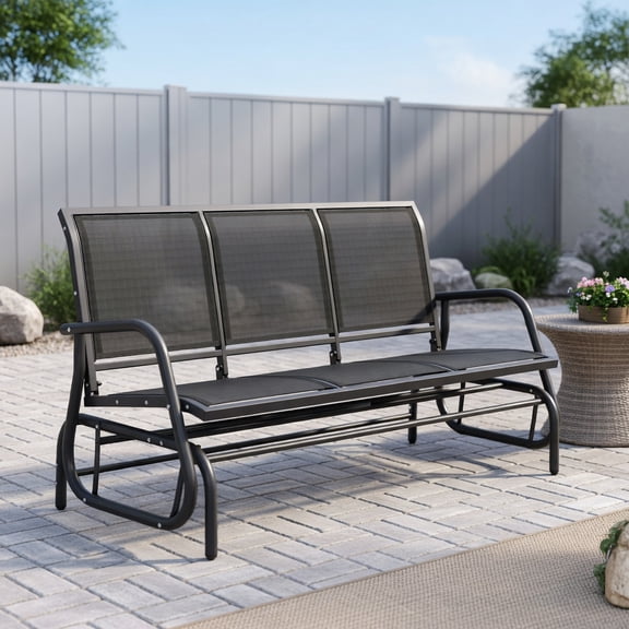 Resenkos 3-Person Outdoor Glider Bench Heavy-Duty Powder-Coated Steel Frame, Breathable Mesh Seat, Quiet Smooth Glide for Patio, Porch, Balcony & Garden (Black, Gray)