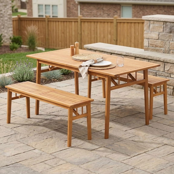 Resenkos 3-Piece Acacia Wood Outdoor Picnic Table Set with 2 Benches, Space Saving Patio Dining Furniture for 4 People, Brown