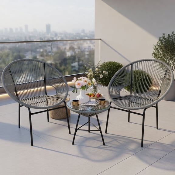 Resenkos 3-Piece Acapulco Style Outdoor Bistro Set Gray PE Rope Chairs + Tempered Glass Table for Patio, Yard & Poolside