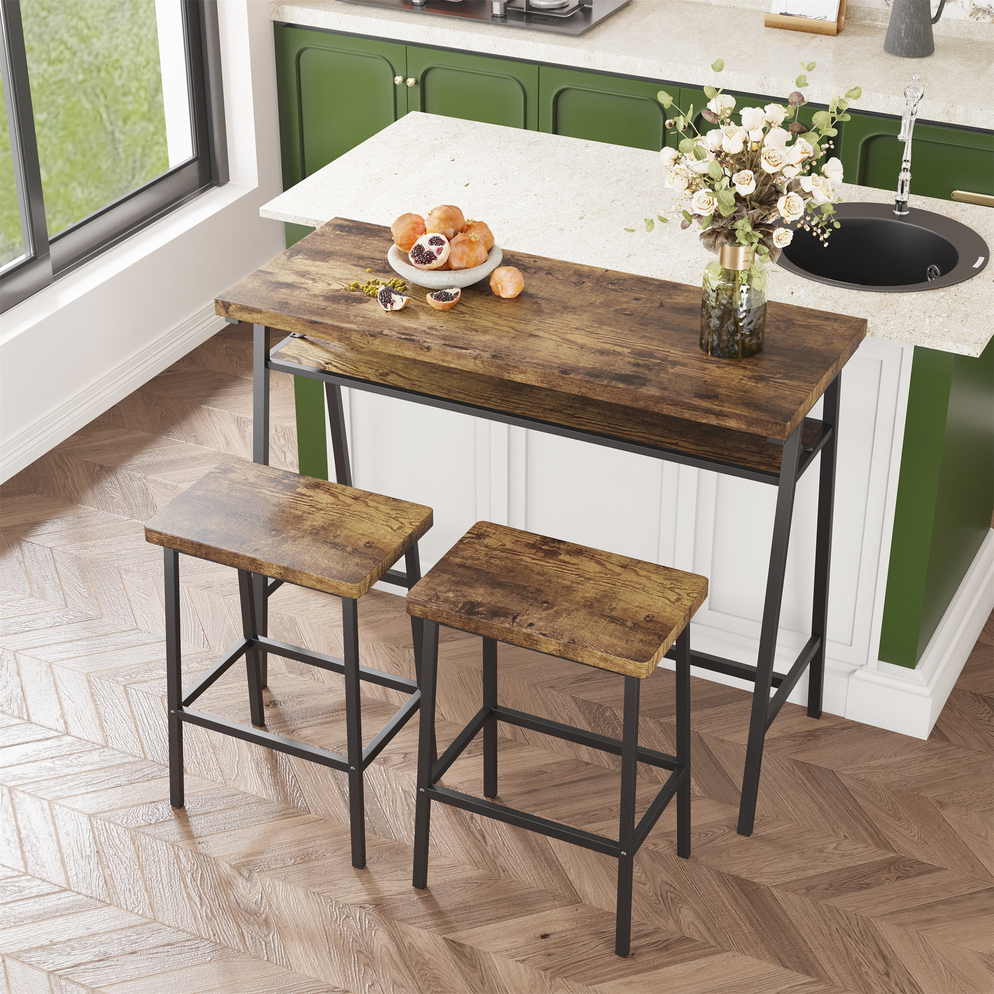 Resenkos 3 Piece Counter Height Bar Table Set with 2 Stool, Kitchen Dining Room Pub Breakfast Table and Chairs Furniture Set, Brown