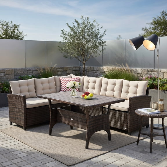 Resenkos 3-Piece Handwoven Rattan Outdoor Sofa Set with Dining Table Steel Frame, Removable Cushions, Weather-Resistant Wicker for Patio, Porch & Garden