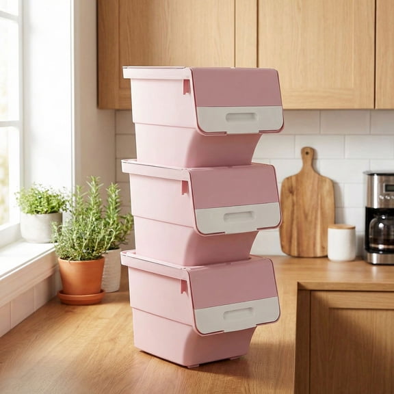 Resenkos 3-Piece Medium Storage Bin with Wheels, Stackable Plastic Box with Stay-Open Lid for Home Organization, Pink