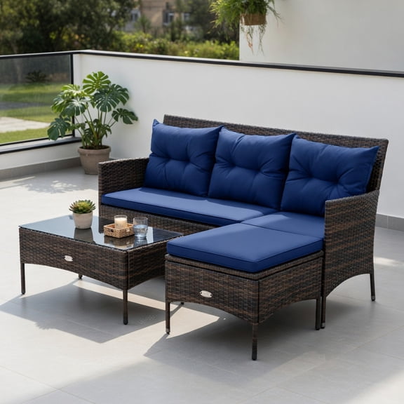 Resenkos 3-Piece Navy Outdoor Sectional Patio Furniture Set with 5 Premium Cushions All-Weather Rattan Sofa, Ottoman & Tempered Glass Coffee Table for Backyard, Poolside & Garden