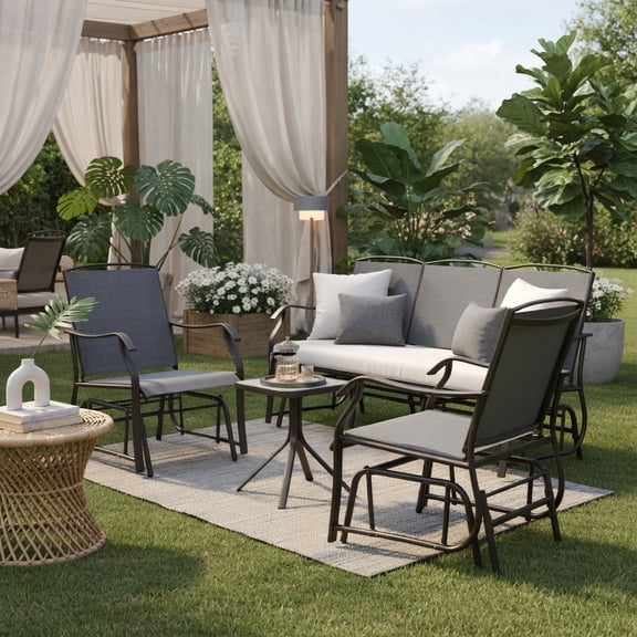 Resenkos 3-Piece Outdoor Glider Set with Tempered Glass Table  2 Rocking Patio Chairs + Coffee Table, Powder-Coated Steel Frame, Gray & Brown, for Porch, Balcony & Small Backyard