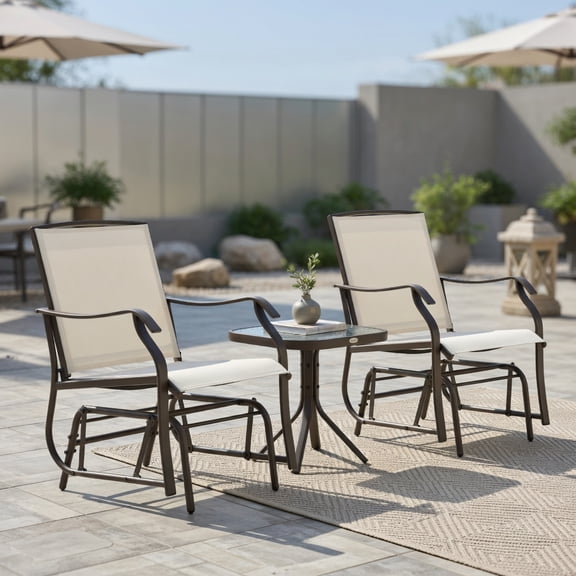 Resenkos 3-Piece Outdoor Glider Set with Tempered Glass Table – Cream White Sling Rocking Chairs & Brown Steel Frame for Patio, Balcony, Small Backyard