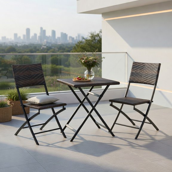 Resenkos 3-Piece Outdoor Rattan Bistro Set Foldable Wicker Dining Table & 2 Chairs, PE Rattan + Metal Frame, Compact Storage, 400 lb Capacity per Chair