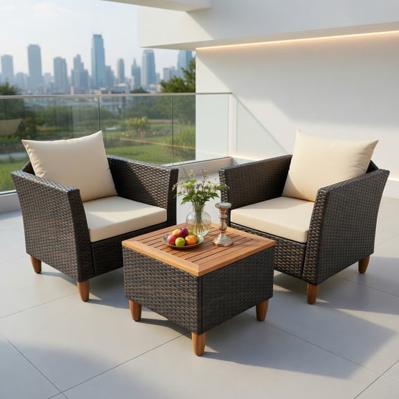 Resenkos 3-Piece Outdoor Rattan Patio Furniture Set with Washable Cushions – Red & Turquoise Acacia Wood Coffee Table & Sofas for Porch, Yard, Garden