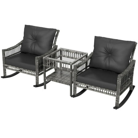 Resenkos 3-Piece Patio Bistro Set, PE Rattan, Rocking Chair with Tempered Glass Table Top, Gray