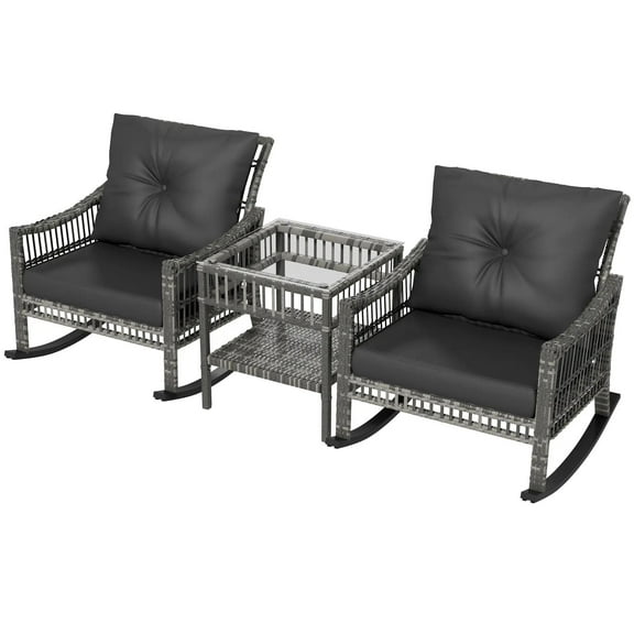 Resenkos 3-Piece Patio Bistro Set, PE Rattan, Rocking Chair with Tempered Glass Table Top, Gray