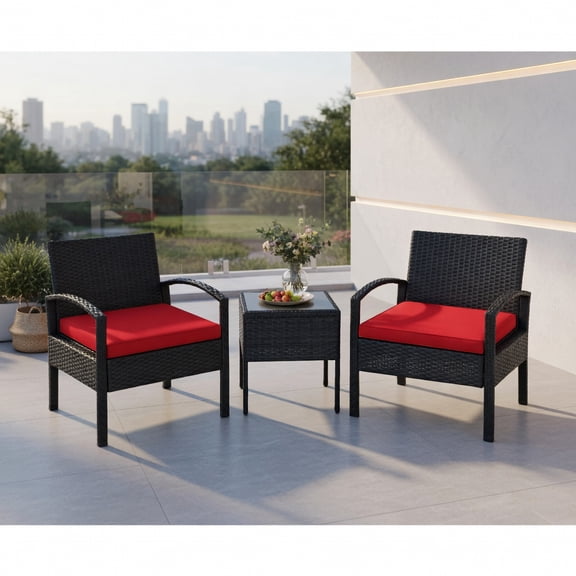 Resenkos 3 Piece Patio Conversation Bistro Set, Balcony Furniture Outdoor Rattan Patio Conversation Set with Side Table, Rattan Patio Set for Garden Porch Yard, Red