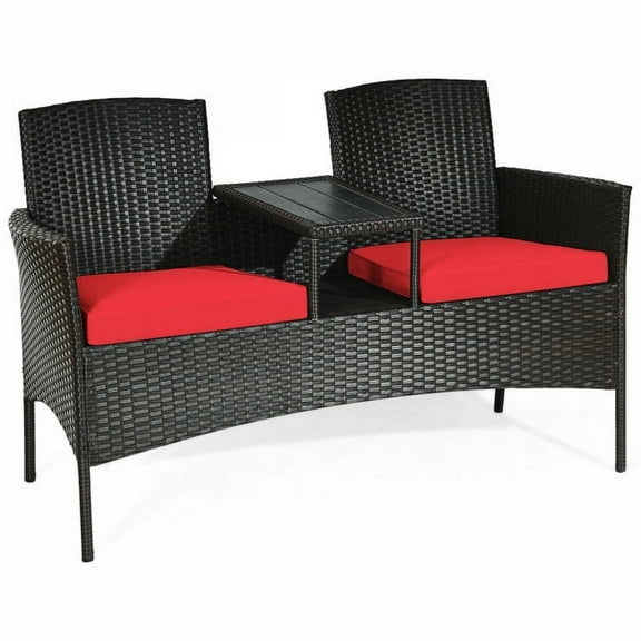 Resenkos 3 Piece Patio Conversation Bistro Set with Seat, Balcony Furniture Outdoor Rattan Patio Conversation Set with Built-in Coffee Table and Cushions for Garden Porch Yard, Red