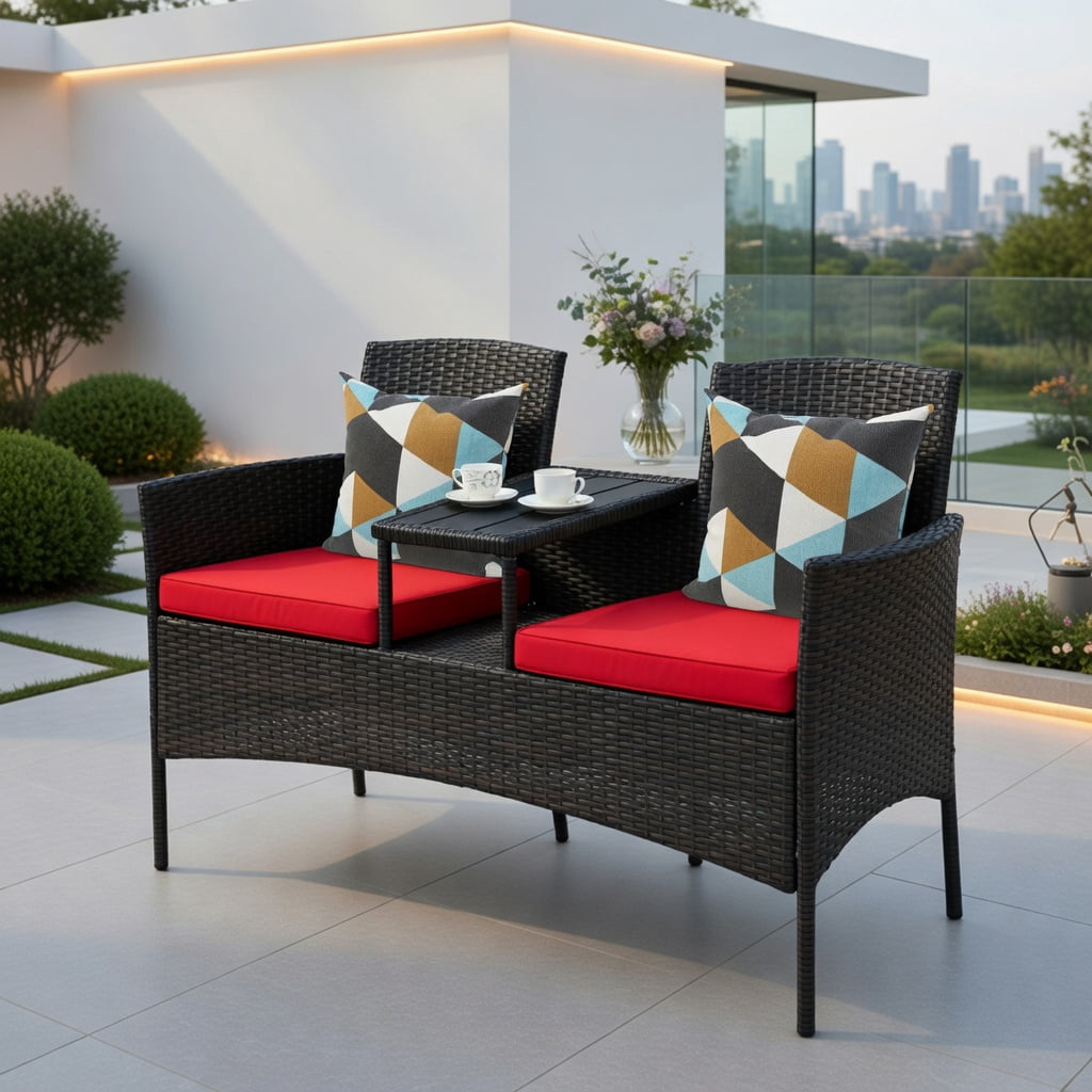 Resenkos 3 Piece Patio Conversation Bistro Set with Seat, Balcony Furniture Outdoor Rattan Patio Conversation Set with Built-in Coffee Table and Cushions for Garden Porch Yard, Red